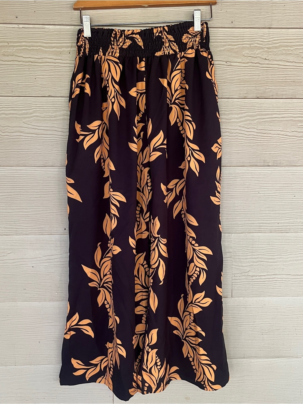 Dark Brown Orange Wide Leg Pants Floral Lei Aloha Print One Size Medium